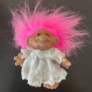 Vintage Thomas Dam Troll Doll‎ 1986 Bride Princess Lace Dress Pink Hair